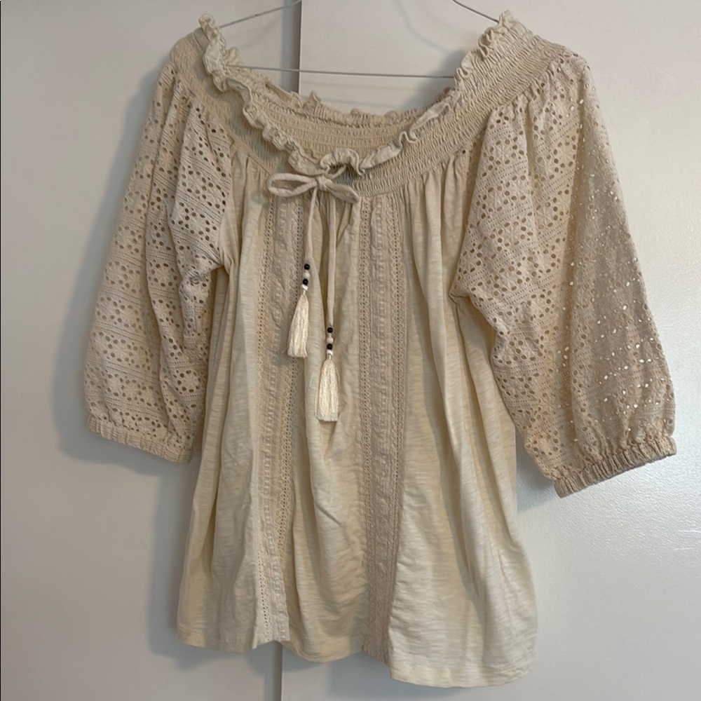 Ralph Lauren Women's Cream Eyelet peasant off shoulder Top